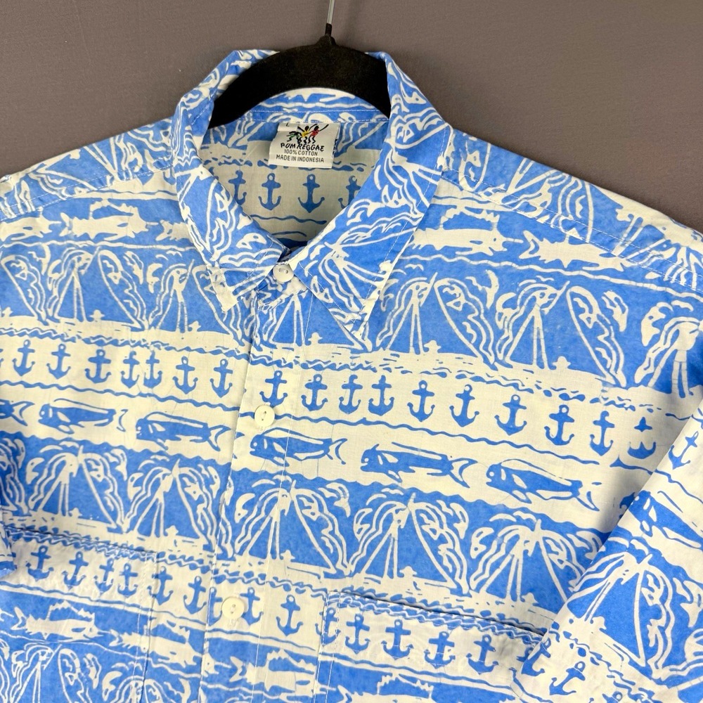 Rum Reggae Men's L Blue White Nautical Graphic Print Cotton Short Sleeve Shirt